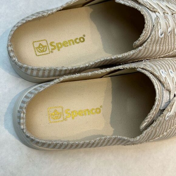 NEW Spenco White Tan Stripe Canvas Slip On Tennis Shoes Womens Sz 7 Orthotic Sne - Picture 8 of 9